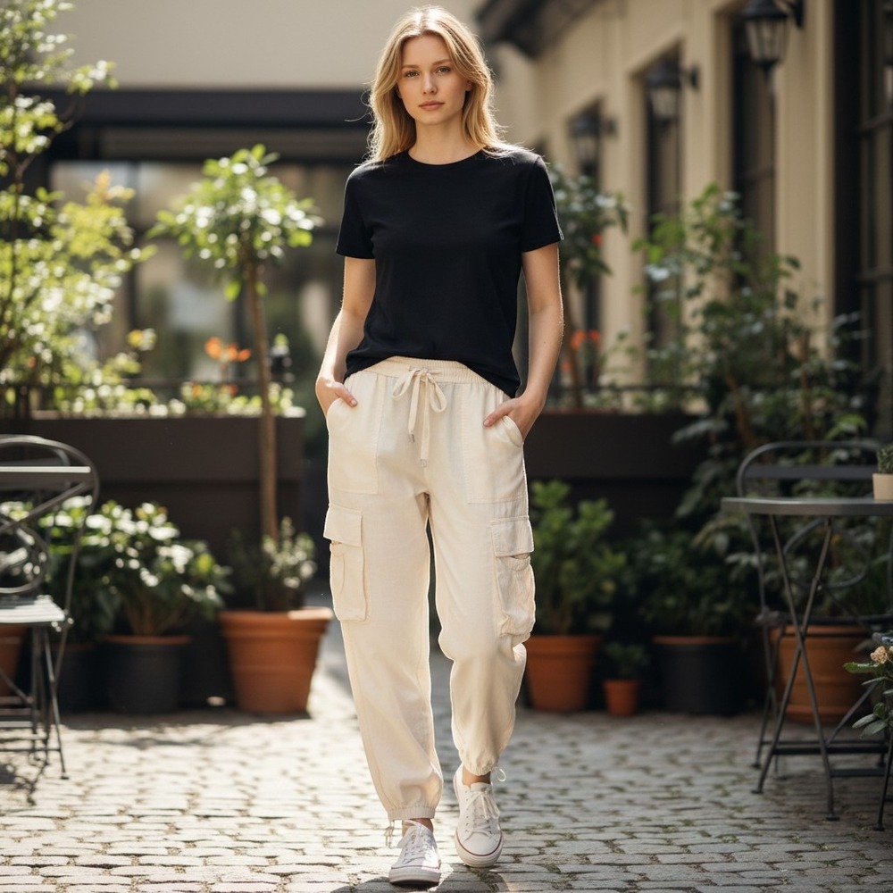 Heartloom Keri Cream Cupro Blend Cargo Jogger Pants Drawstring Toggle Hem XS